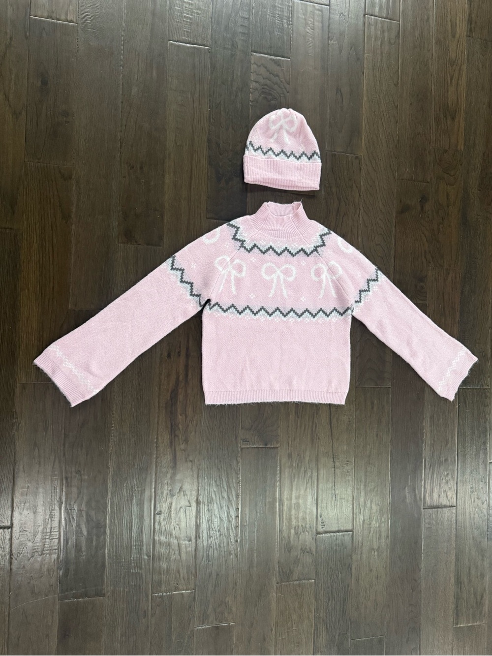 Pink Bow Knit Sweater and Beanie Set